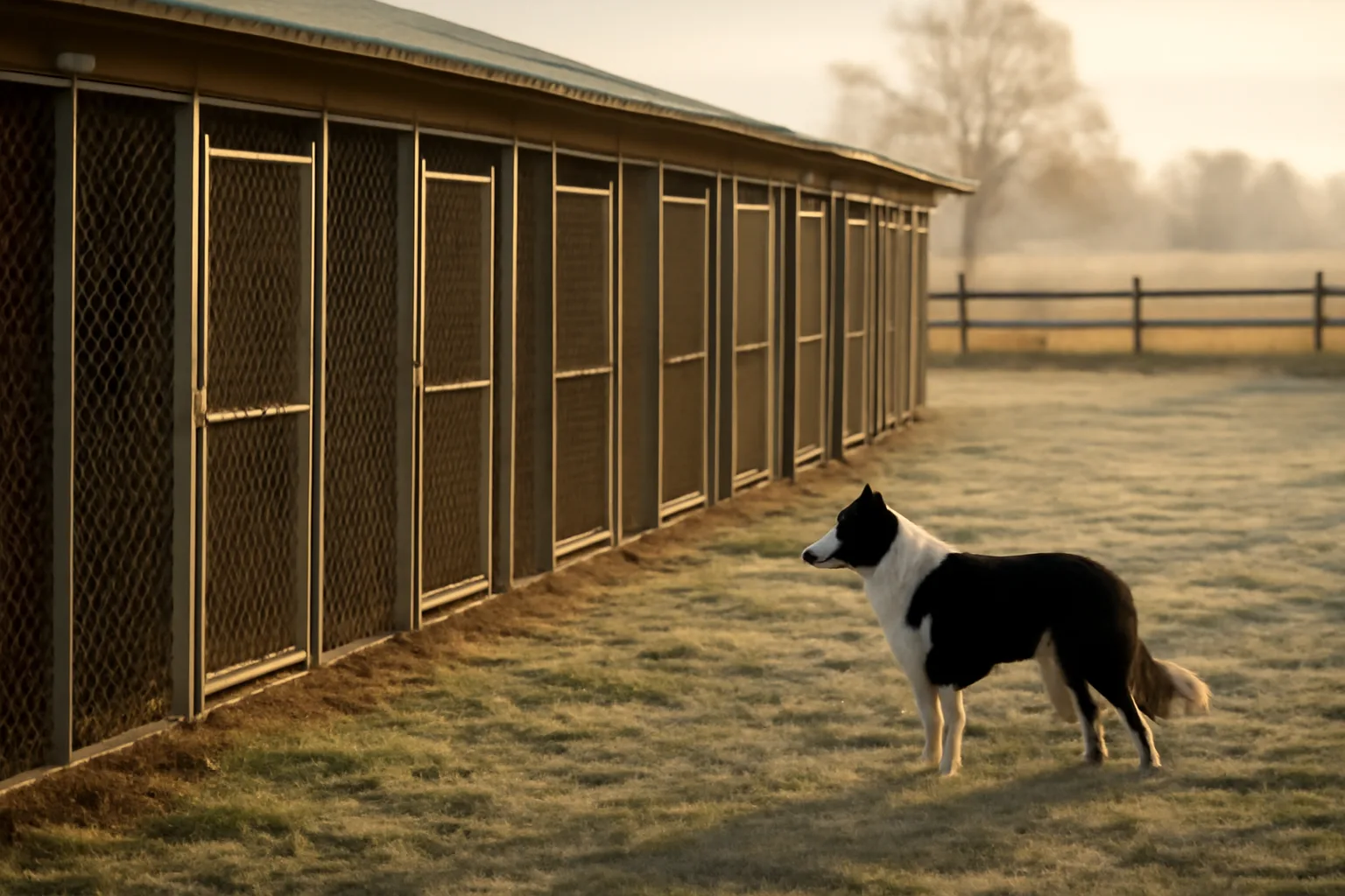 Outdoor kennel runs on a Wisconsin dog boarding and breeding facility at dawn