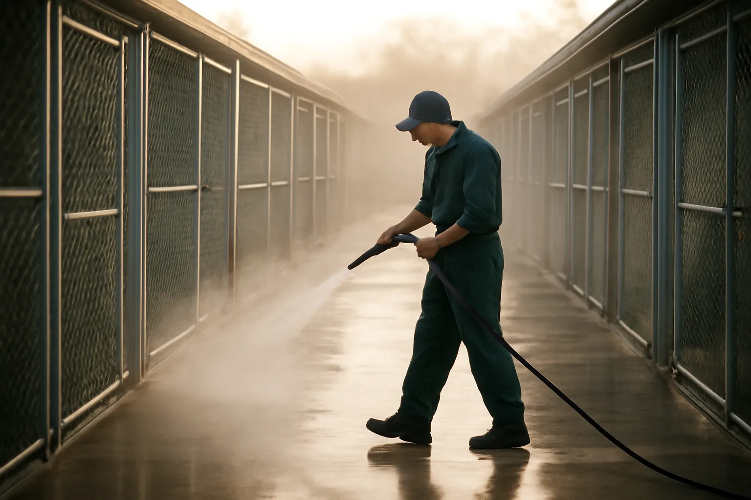 Kennel staff member cleaning outdoor dog runs at a boarding facility in morning light