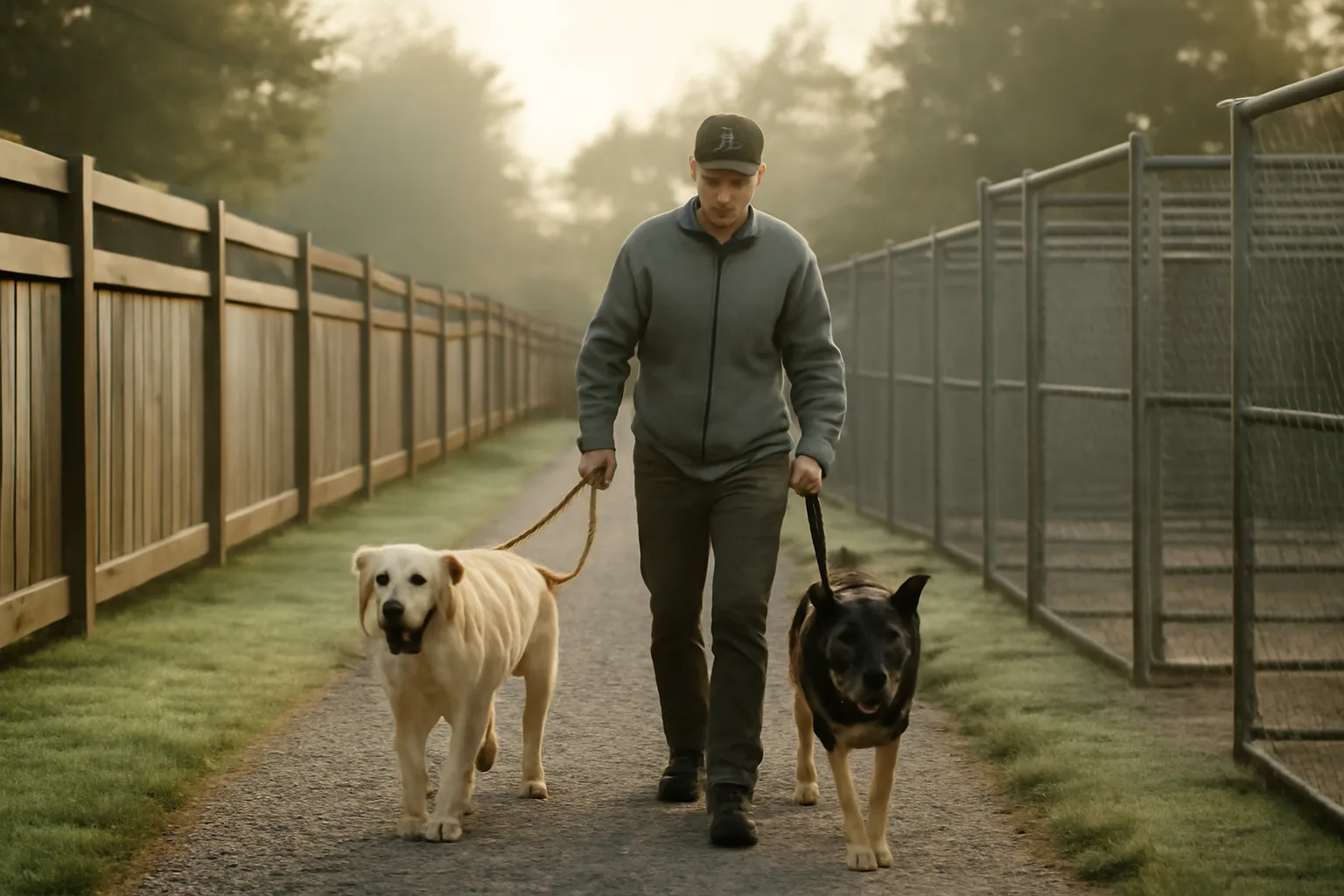 Kennel runs and handler with dogs at a King County boarding facility yard