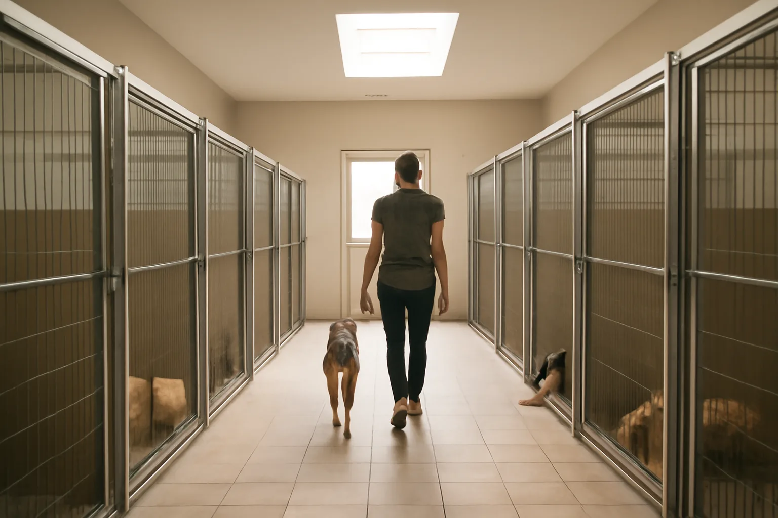 Indoor dog boarding facility hallway with kennel runs and a staff member walking a dog