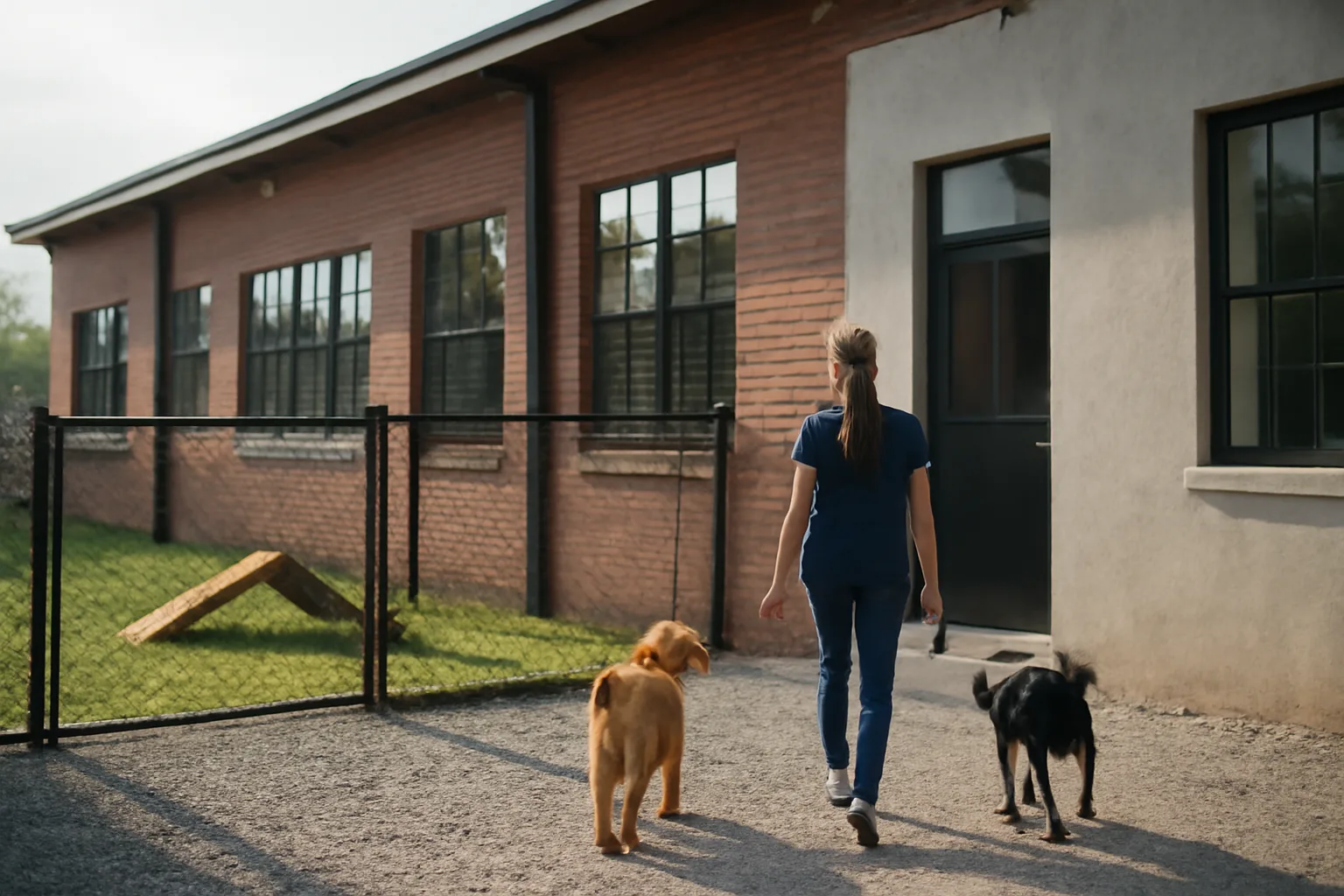 Outdoor fenced play yard at a commercial dog daycare facility in morning light