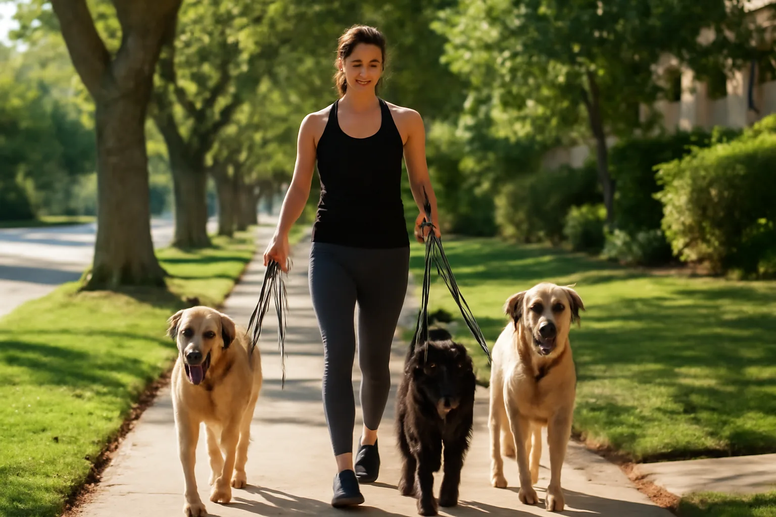 Dog walker leading three leashed dogs down a sunny residential street