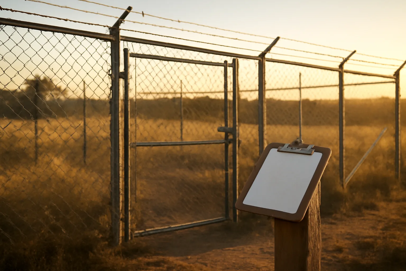 Double perimeter fencing around a licensed exotic animal enclosure at dusk