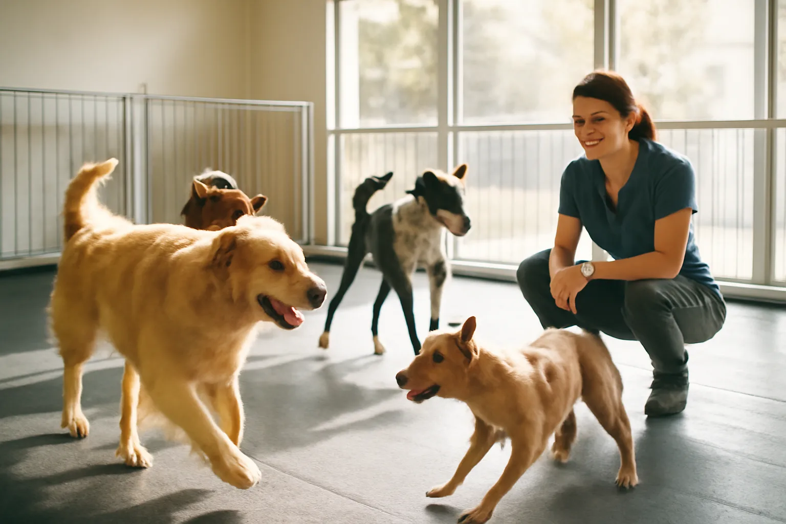 Staff member supervising dogs playing inside a licensed dog daycare facility