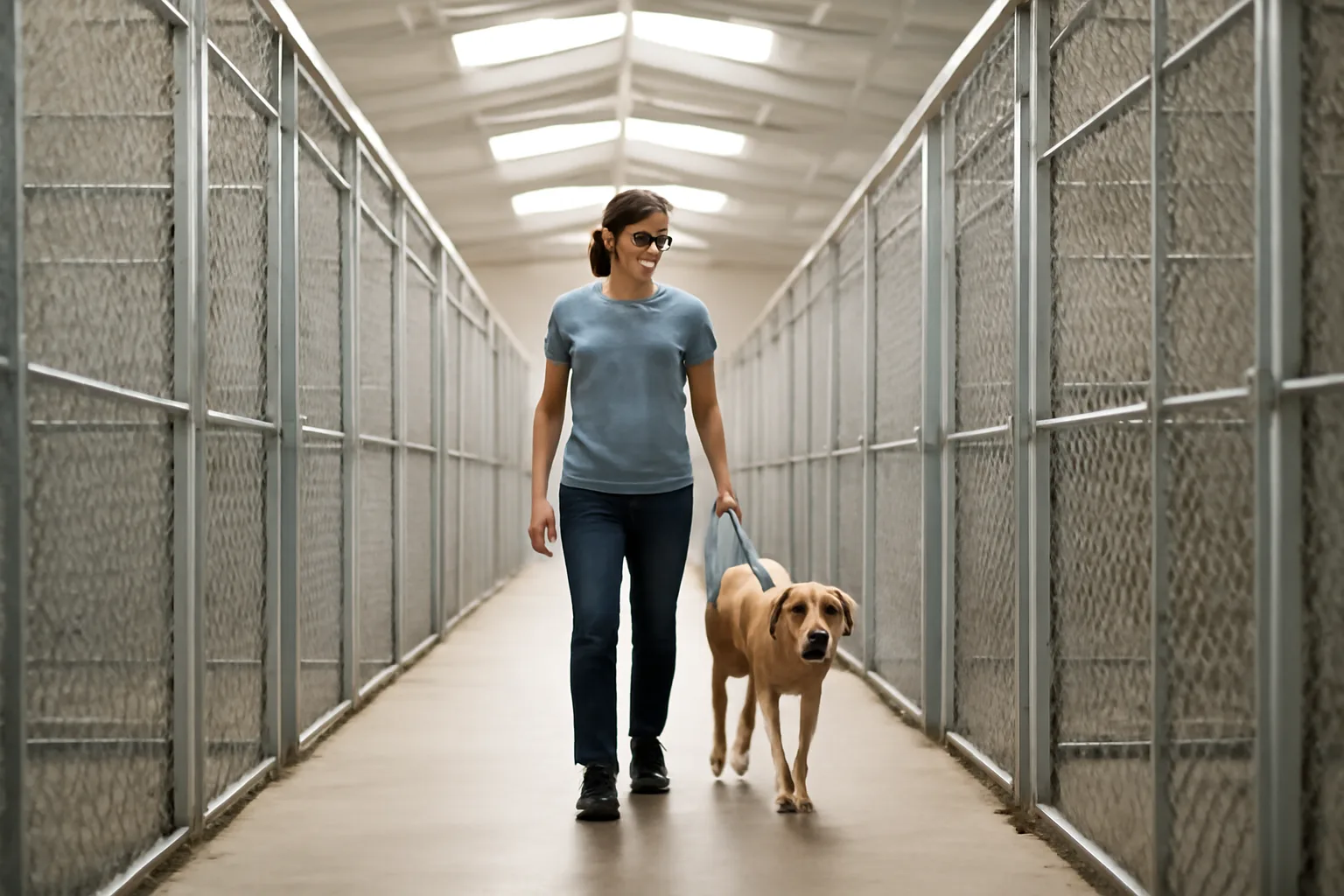 Staff member walking a dog through a licensed dog boarding kennel hallway