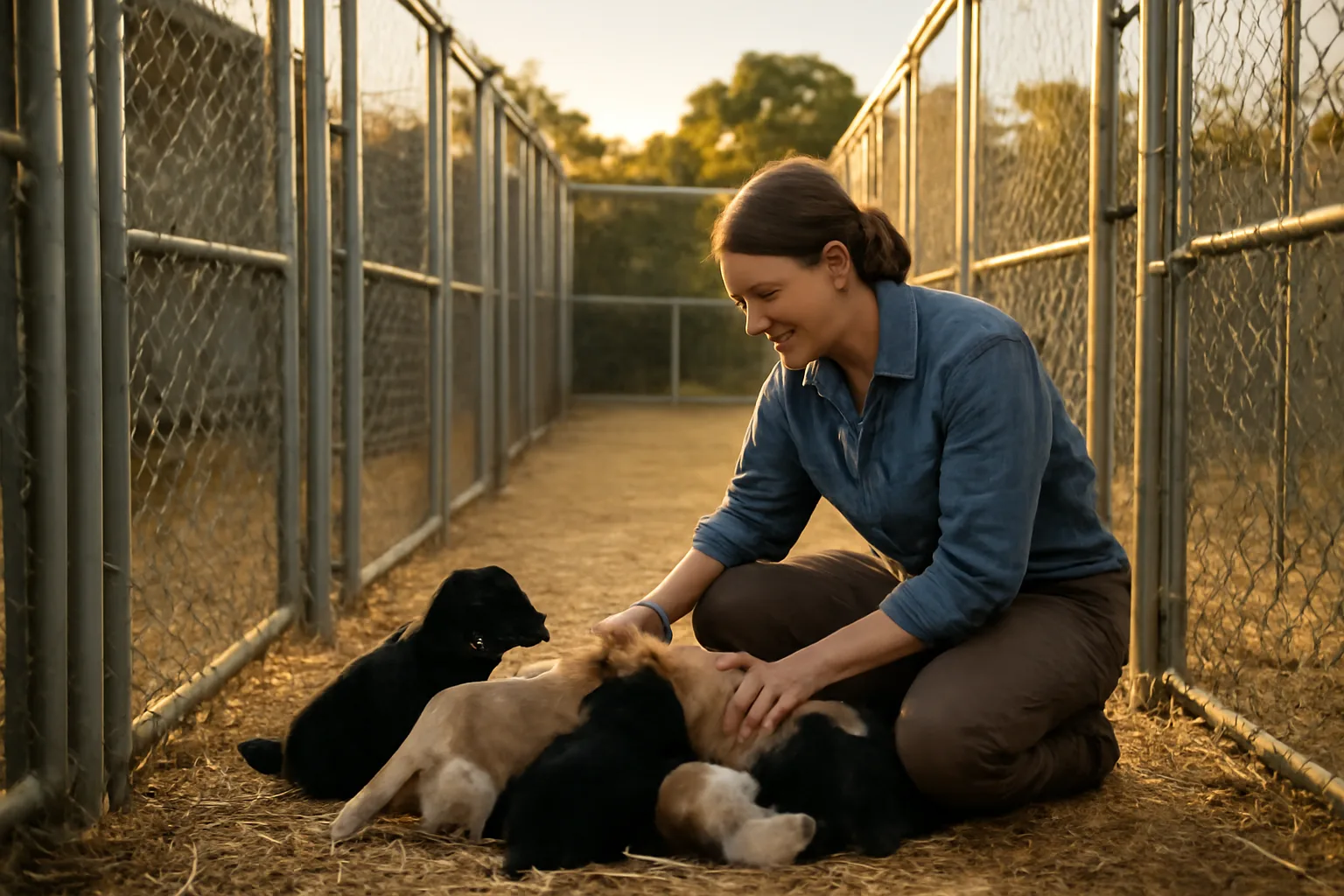 Breeder crouching beside puppies in an outdoor kennel run at golden hour