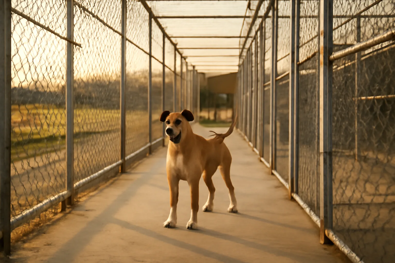 outdoor run at a licensed dog kennel facility in late afternoon light