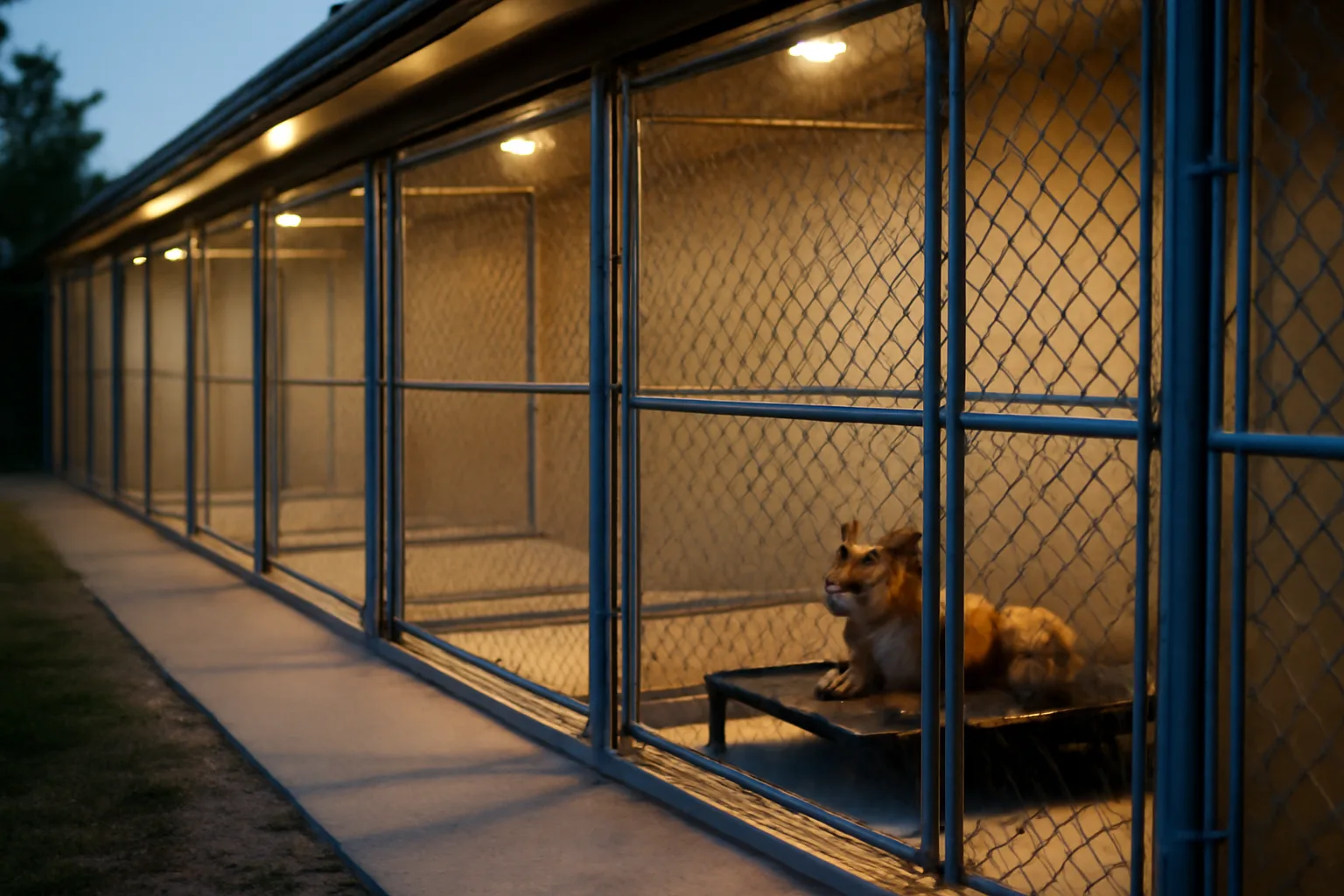 Dog resting in a clean long-term dog boarding kennel run at dusk