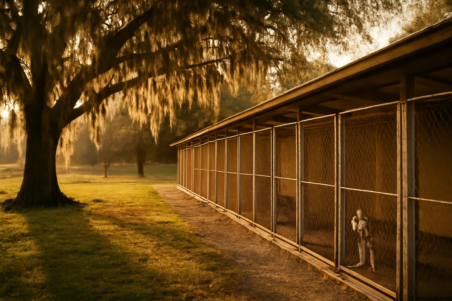 Outdoor dog kennel runs on a Louisiana property at golden hour