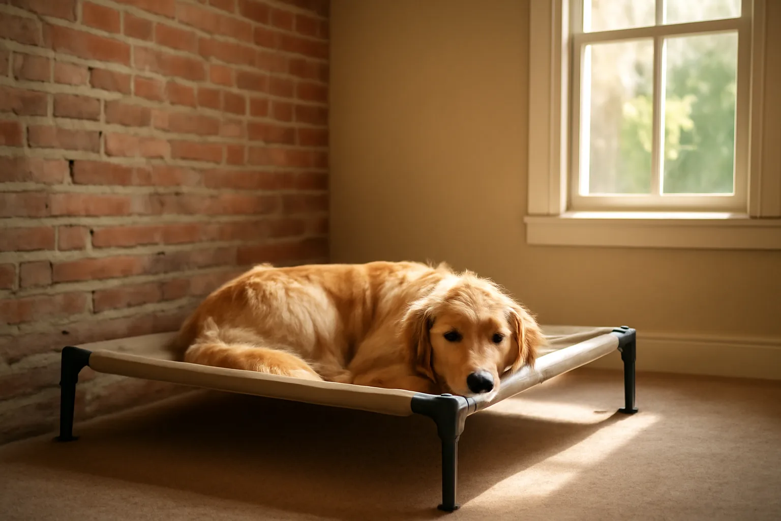 Golden retriever resting in a private suite at a luxury pet hotel