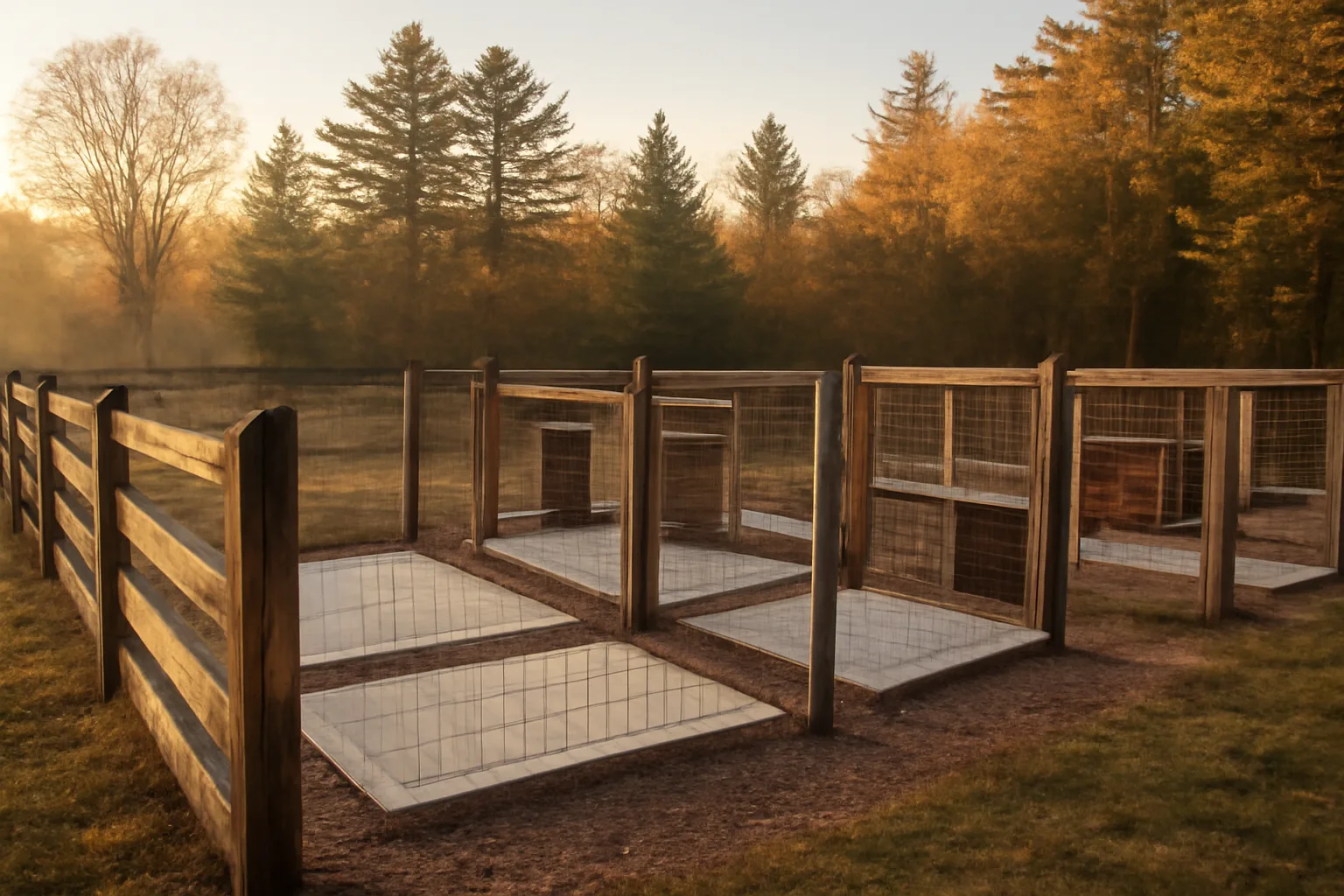 Outdoor kennel runs at a licensed Maine dog boarding facility in autumn