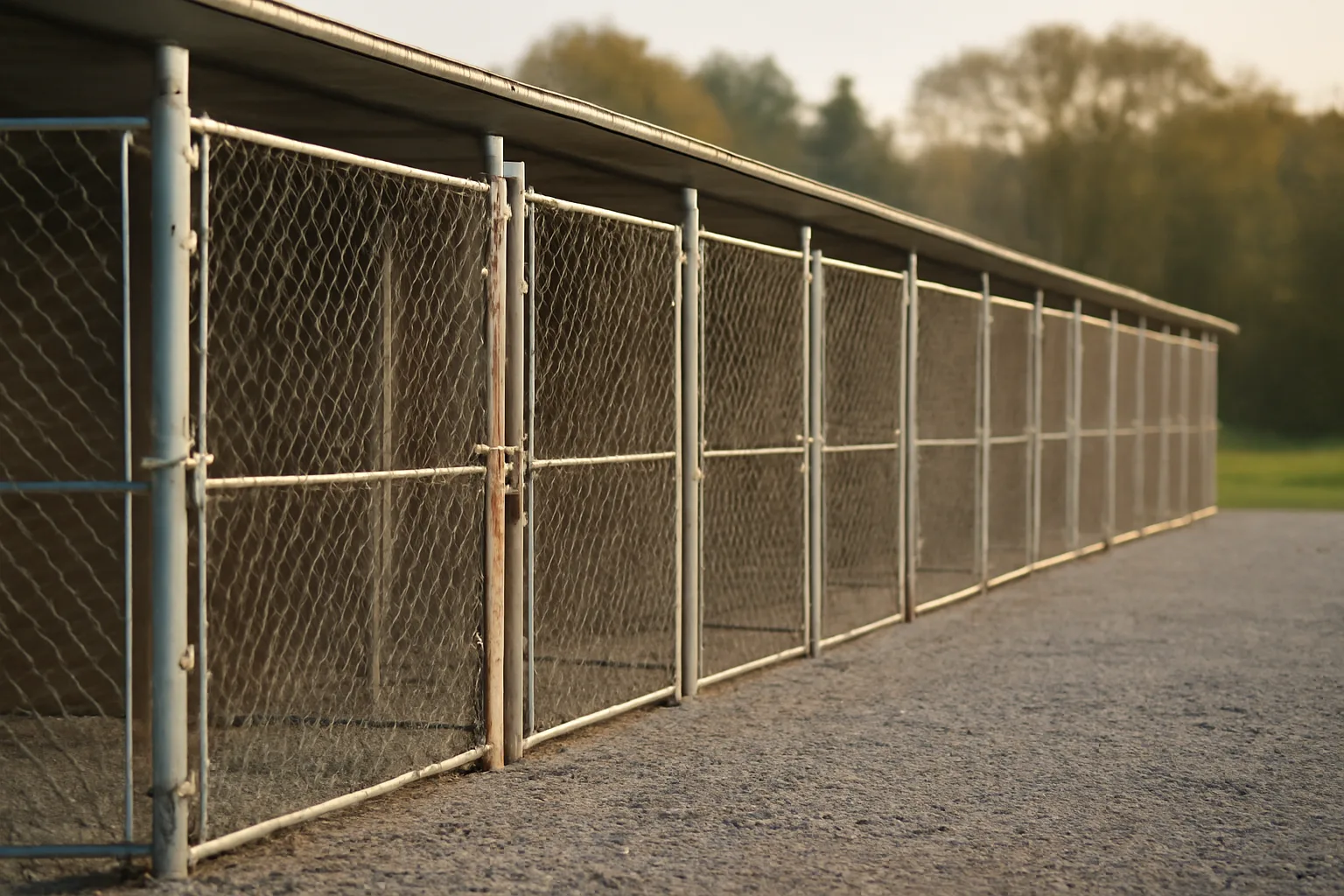 Outdoor kennel runs at a Massachusetts dog boarding facility in morning light