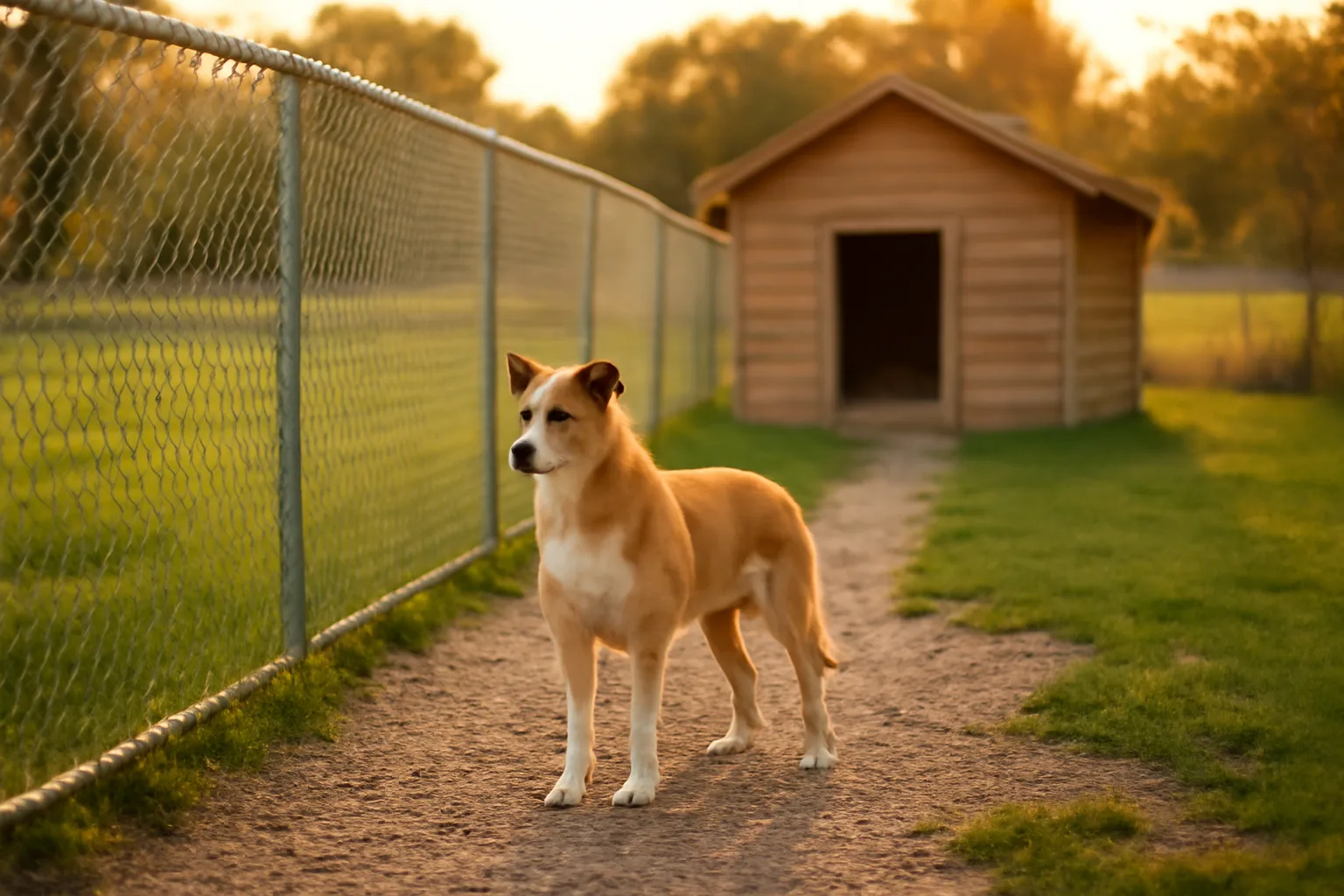 Fenced outdoor dog kennel run on a Michigan property at sunset