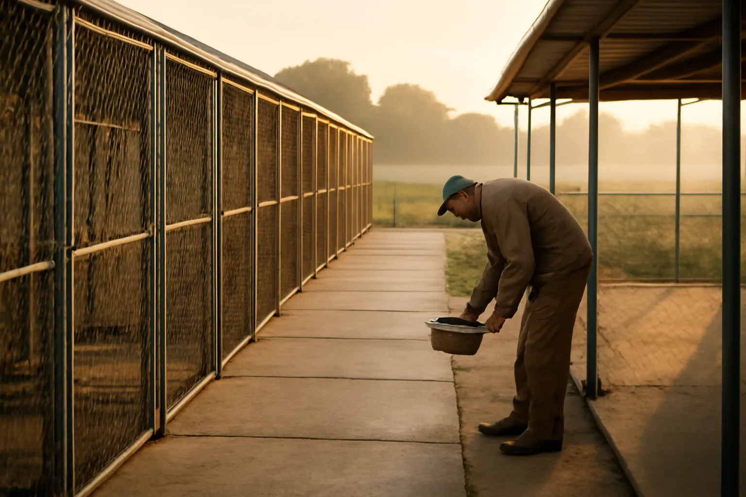 Rural Missouri kennel runs at sunrise during a licensed breeder facility check