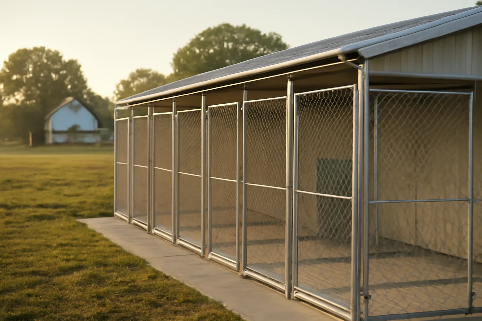Outdoor kennel runs on a rural Missouri property used for licensed dog boarding