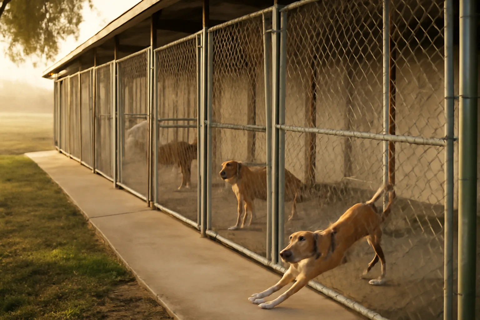 Outdoor dog kennel runs on an Ohio boarding facility at sunrise