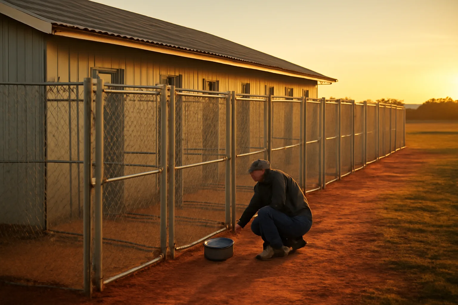 Outdoor dog kennel runs on an Oklahoma breeding property at sunset