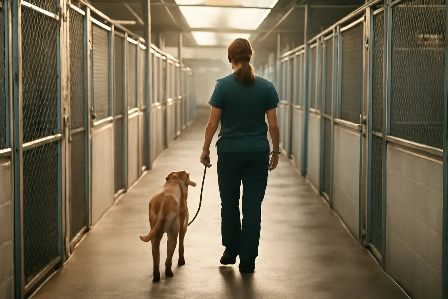 Staff member walking a dog past clean outdoor runs at an overnight boarding kennel