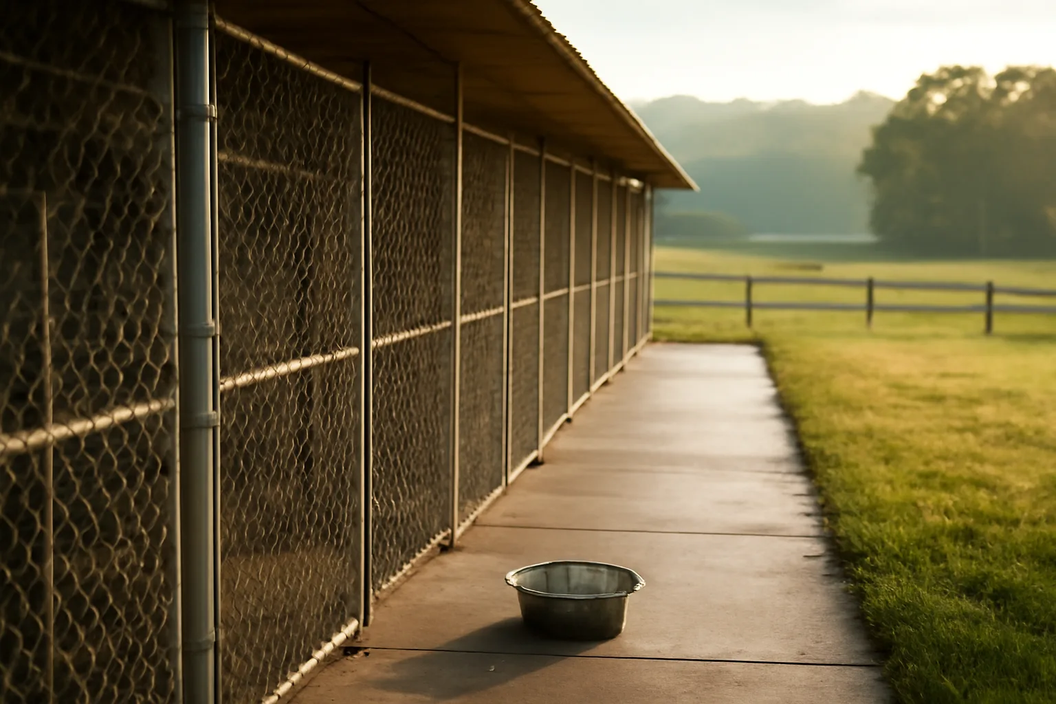 Outdoor kennel runs on a rural Pennsylvania property in morning light
