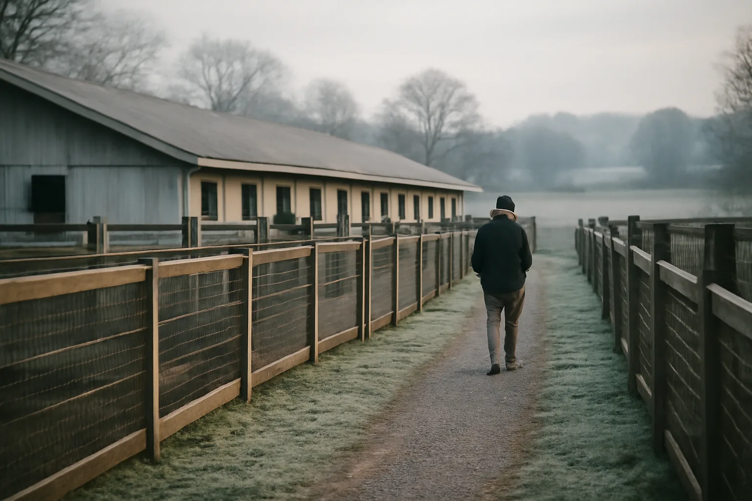 Kennel operator inspecting outdoor dog runs at a rural Pennsylvania boarding facility