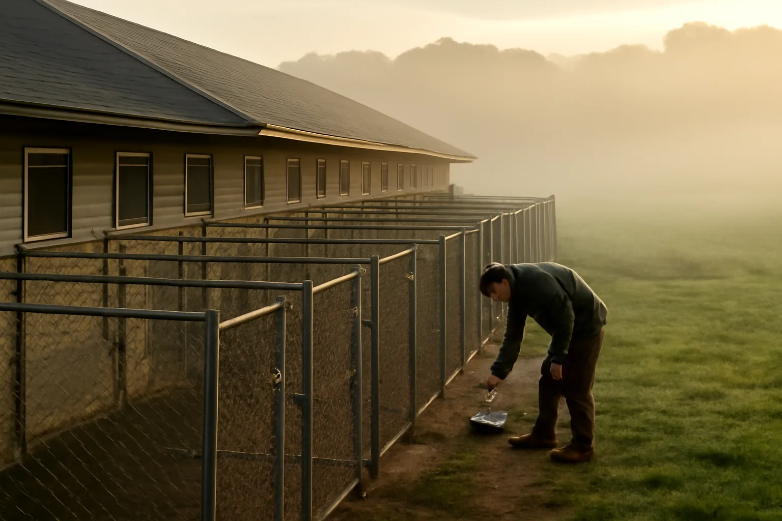 Outdoor dog kennel runs at a licensed Pennsylvania boarding facility in morning light
