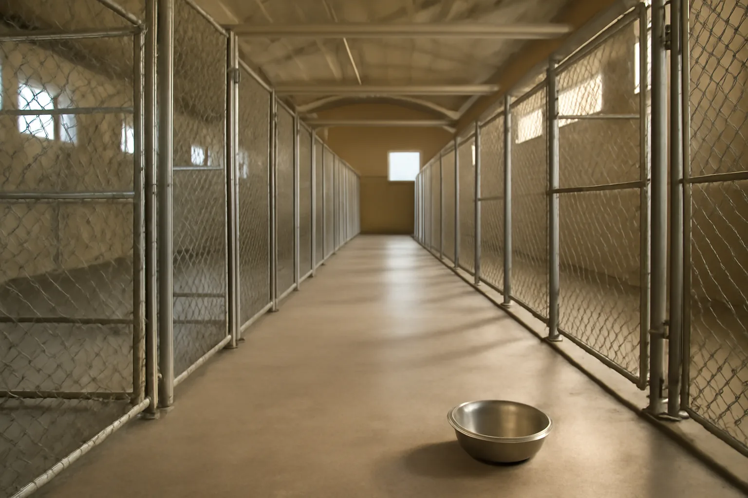Empty rows of clean chain-link dog kennel runs lit by morning window light