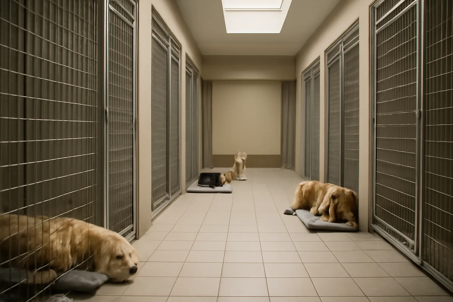 Clean indoor boarding kennel hallway with dogs resting in individual runs