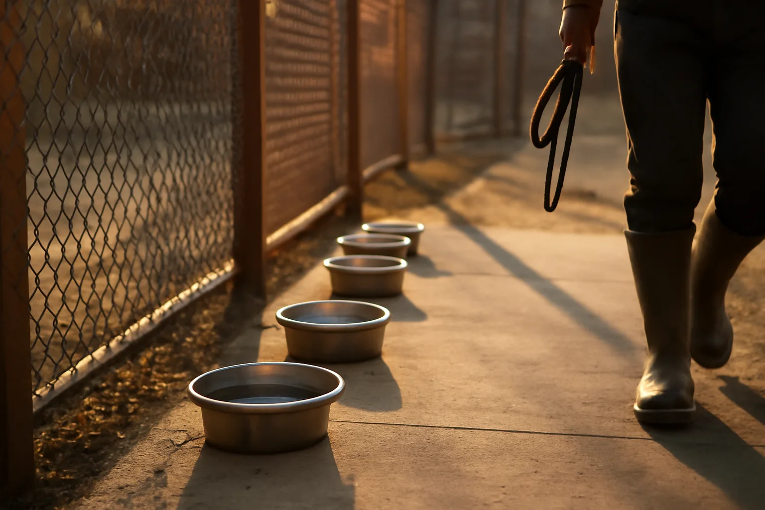 Outdoor dog boarding facility runs with concrete walkway and afternoon light