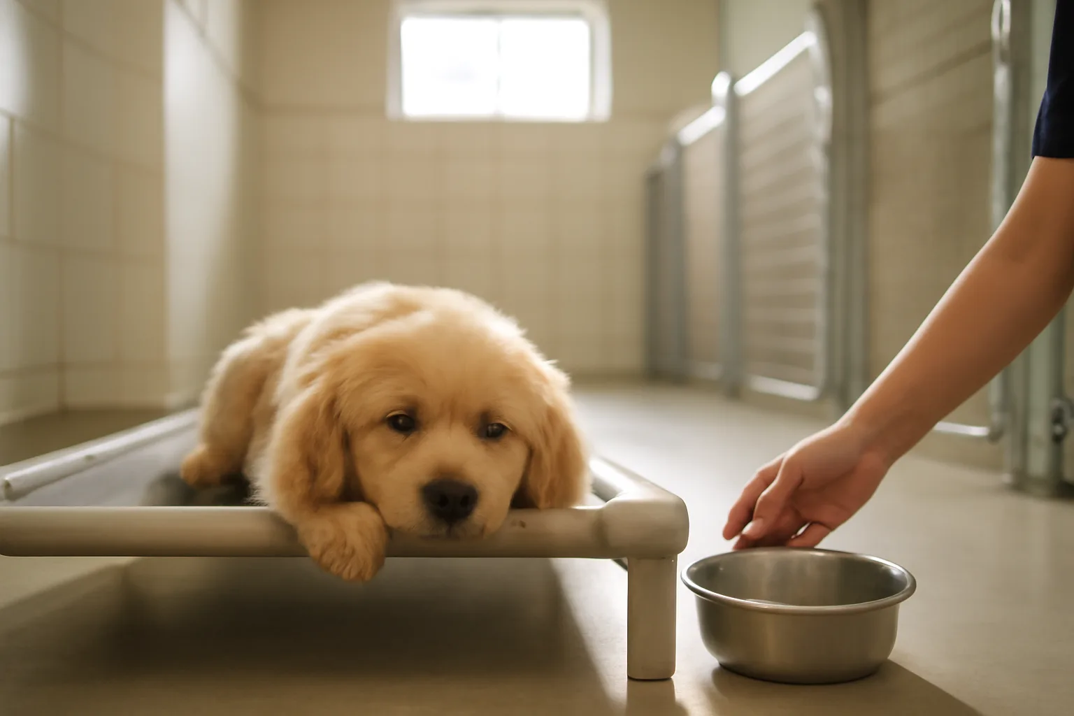 Puppy resting on a cot during an overnight pet boarding stay indoors