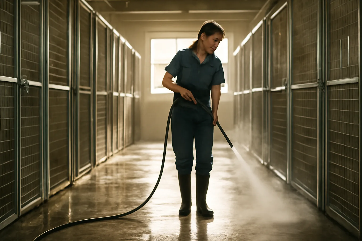 Staff member cleaning a row of dog boarding kennel runs in morning light