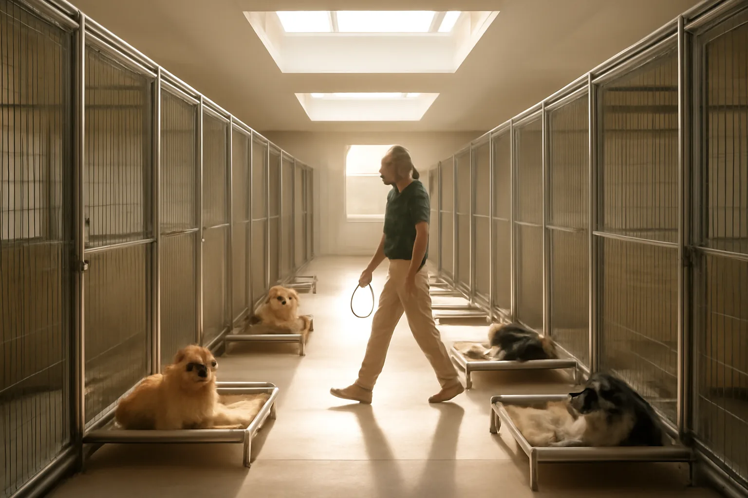 Sunlit hallway of dog runs inside a San Antonio pet boarding facility