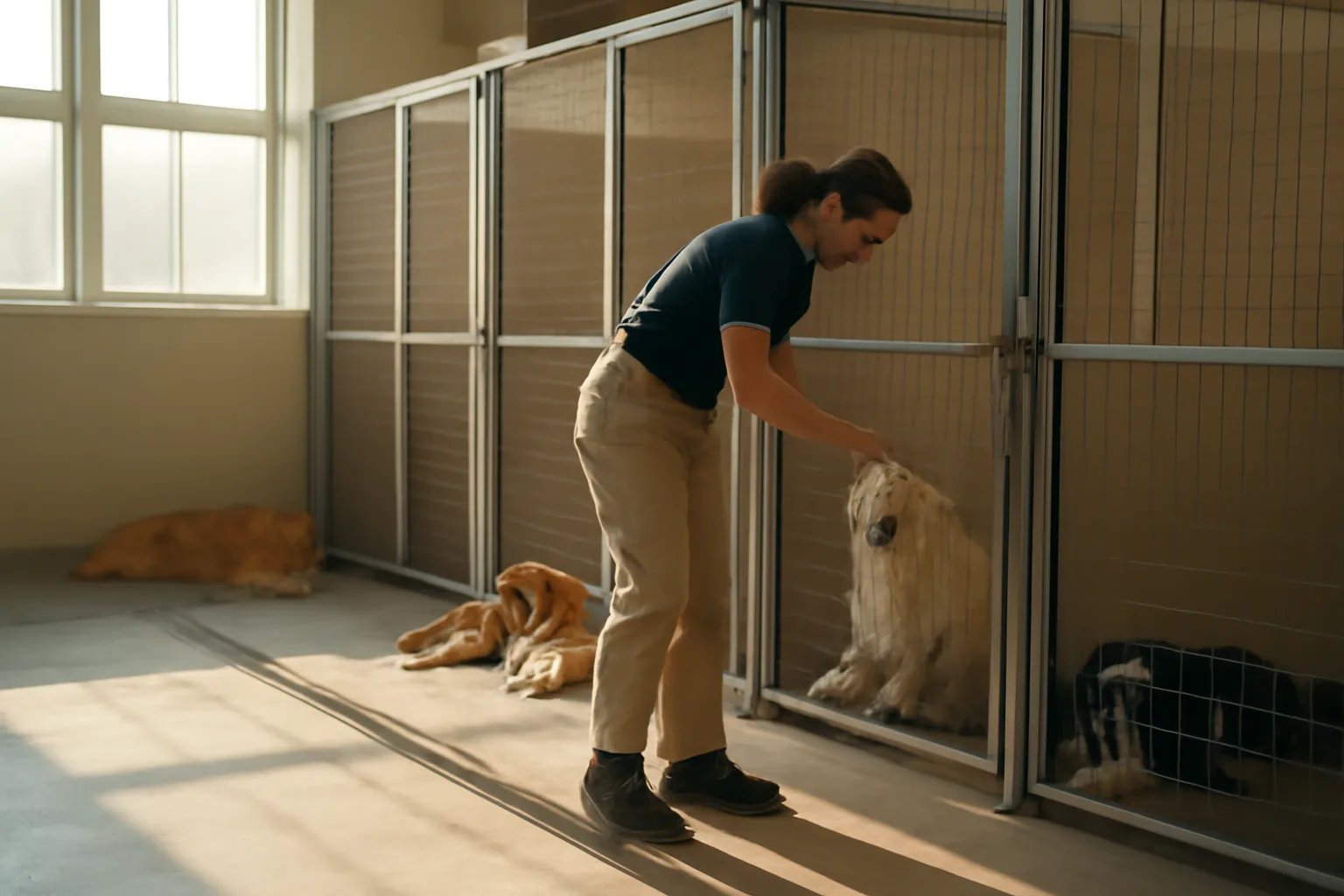 Indoor pet boarding facility with dogs resting in individual kennel runs at sunrise