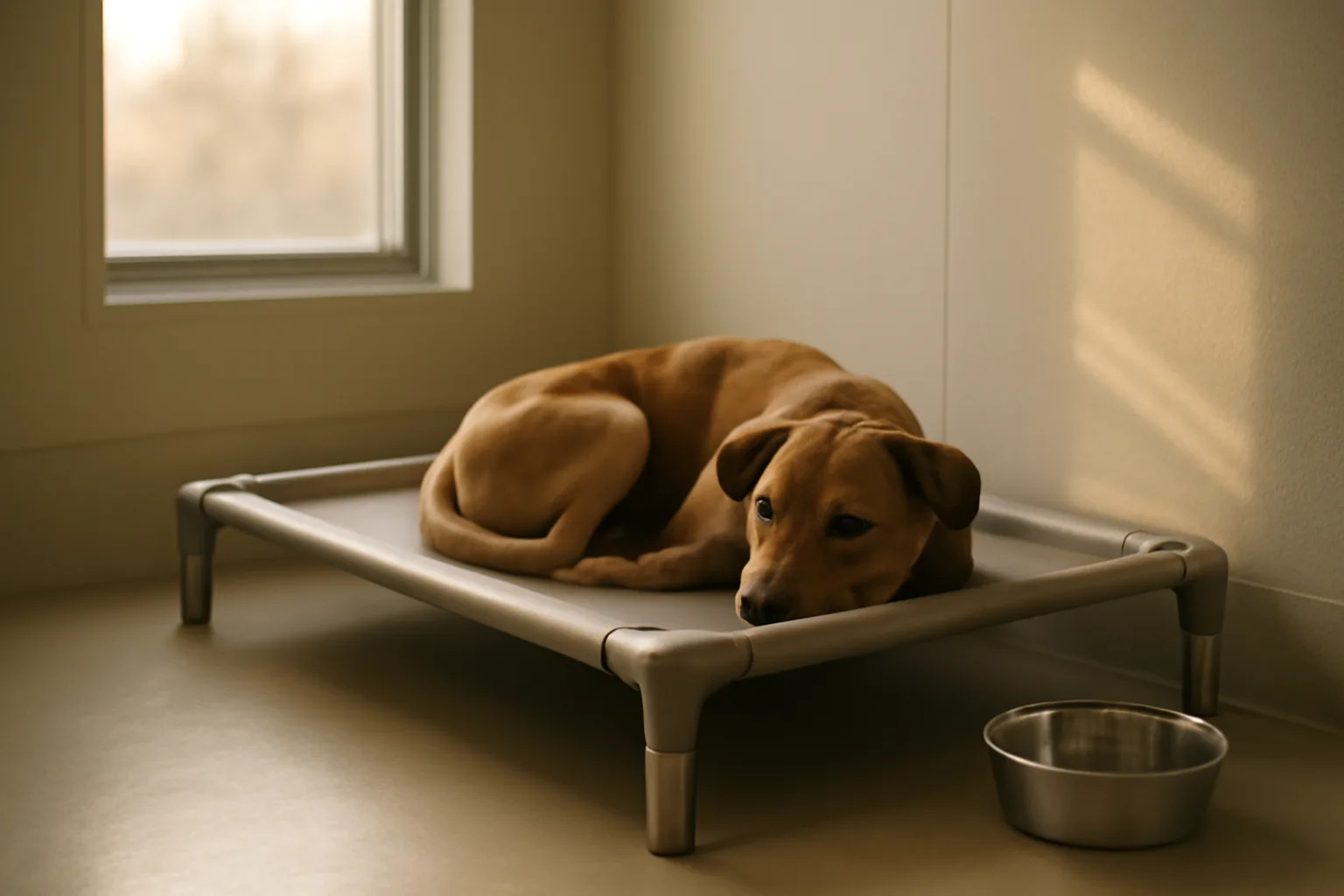 Dog resting in a sunlit boarding suite similar to Pet Palace Charlotte facilities