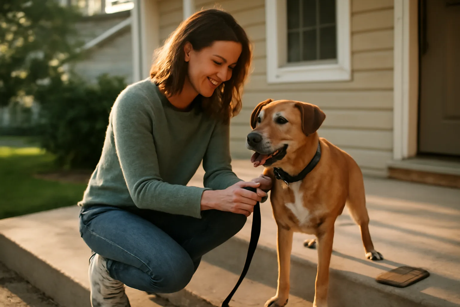 Pet sitter clipping a leash onto a dog on a home porch