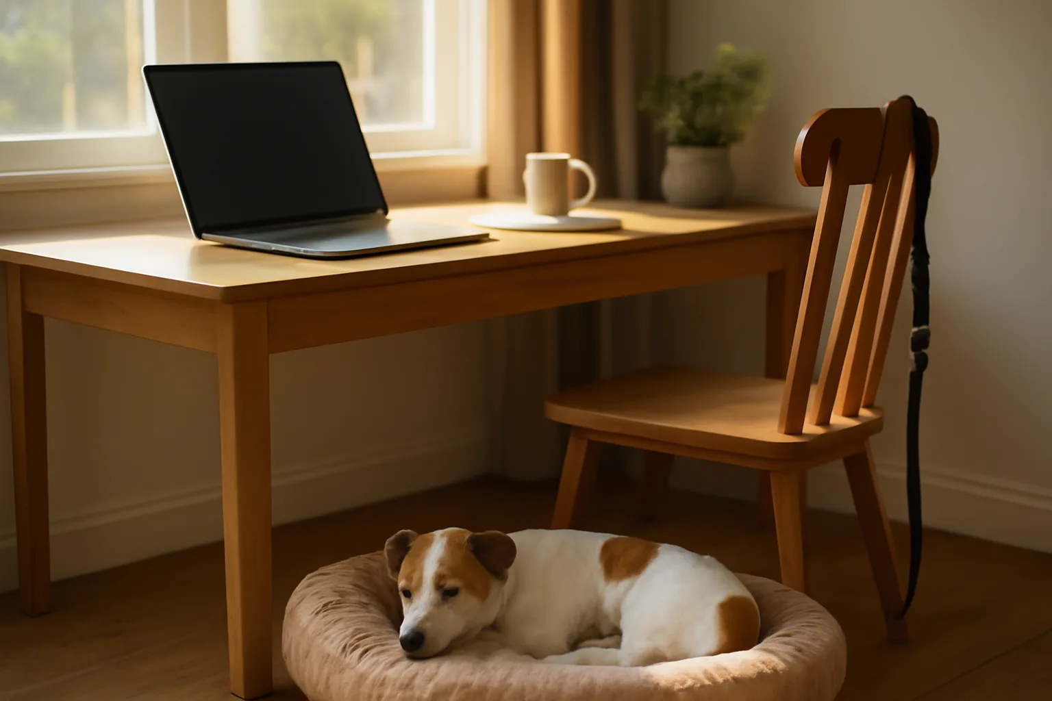 Home-based pet sitter's desk with laptop and resting dog in morning light