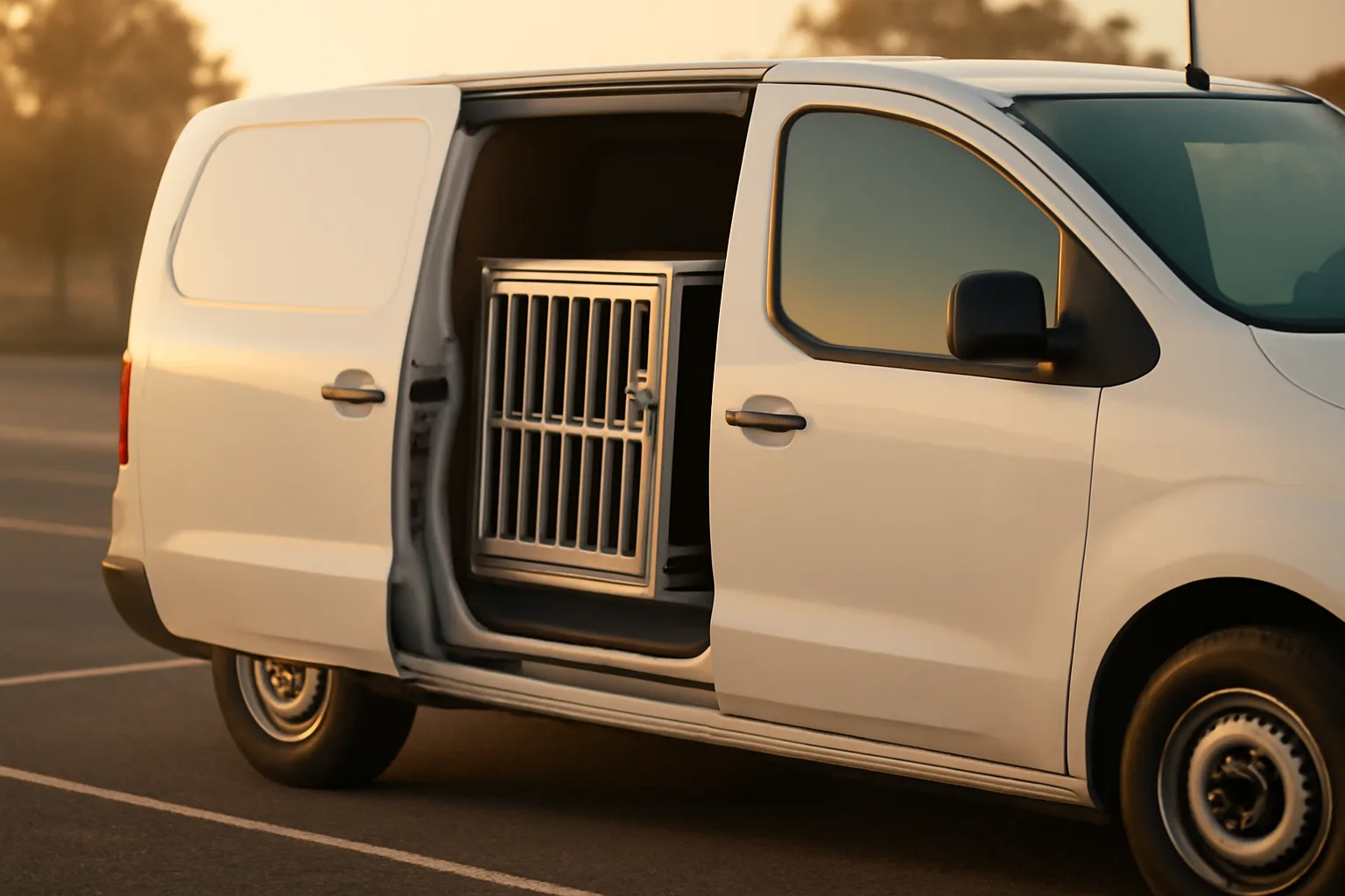 Cargo van with secured dog crate loaded for commercial pet transport at dawn