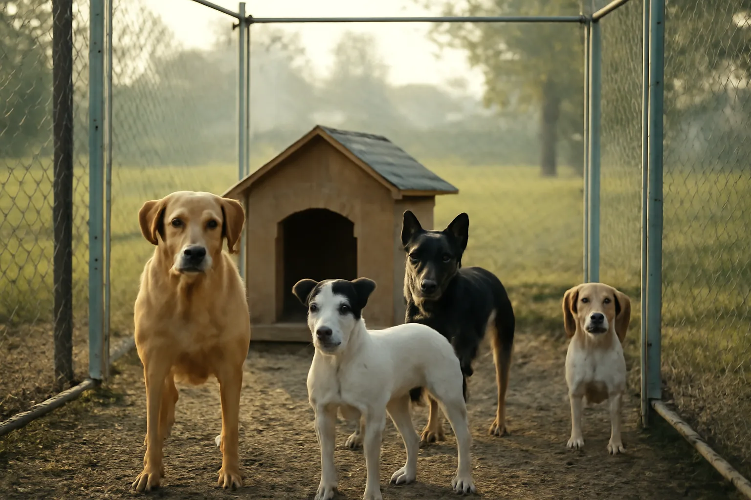 Fenced backyard kennel enclosure with several dogs standing on gravel in morning light
