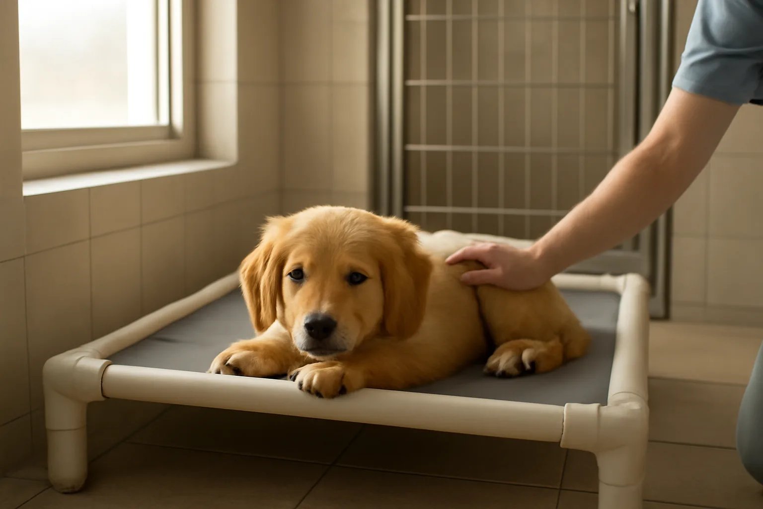 Puppy resting on a cot in a sunlit boarding kennel suite during the day