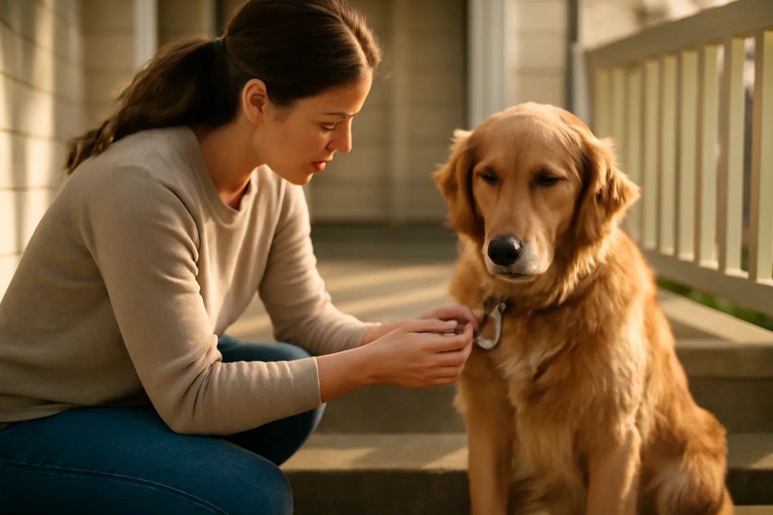 Person attaching a license tag to a dog's collar outdoors