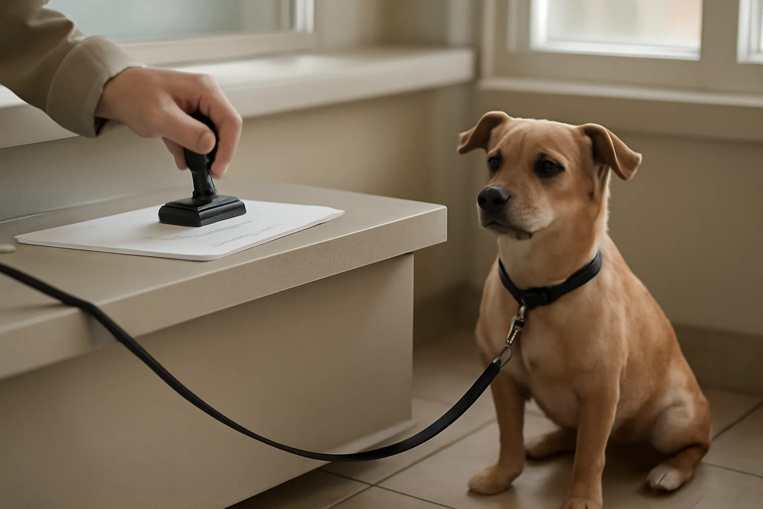 Dog sitting beside a counter while an owner completes registration paperwork at an animal control office