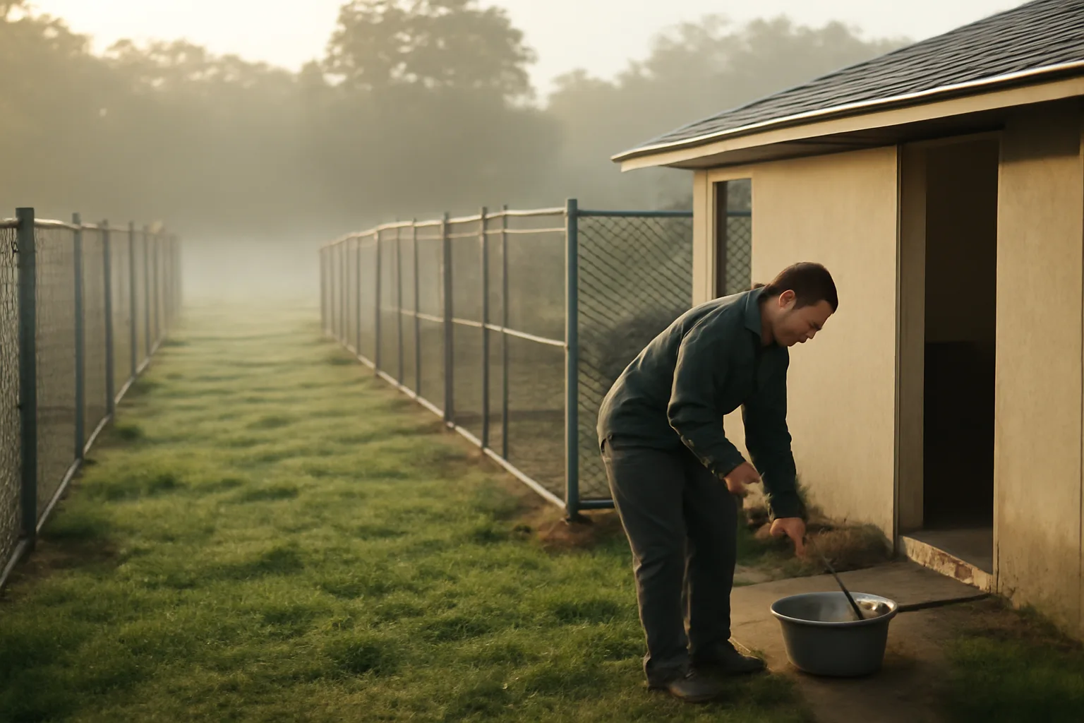 Breeder checking outdoor kennel runs on a rural property at sunrise