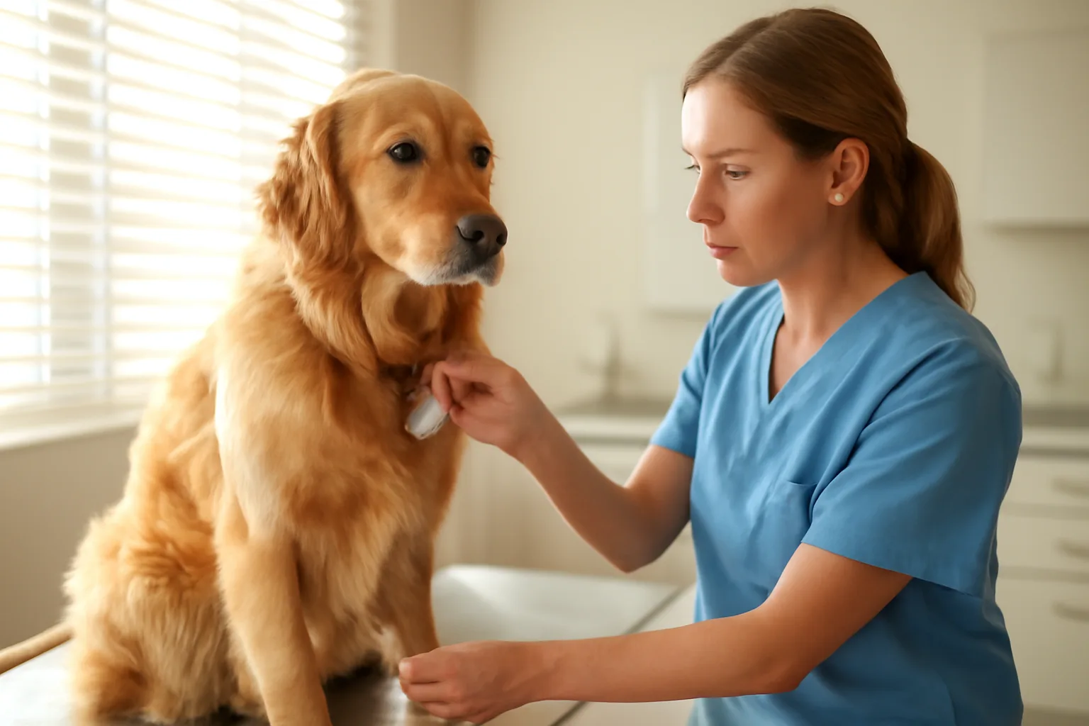Veterinarian checking a dog's collar tag during a rabies vaccination visit