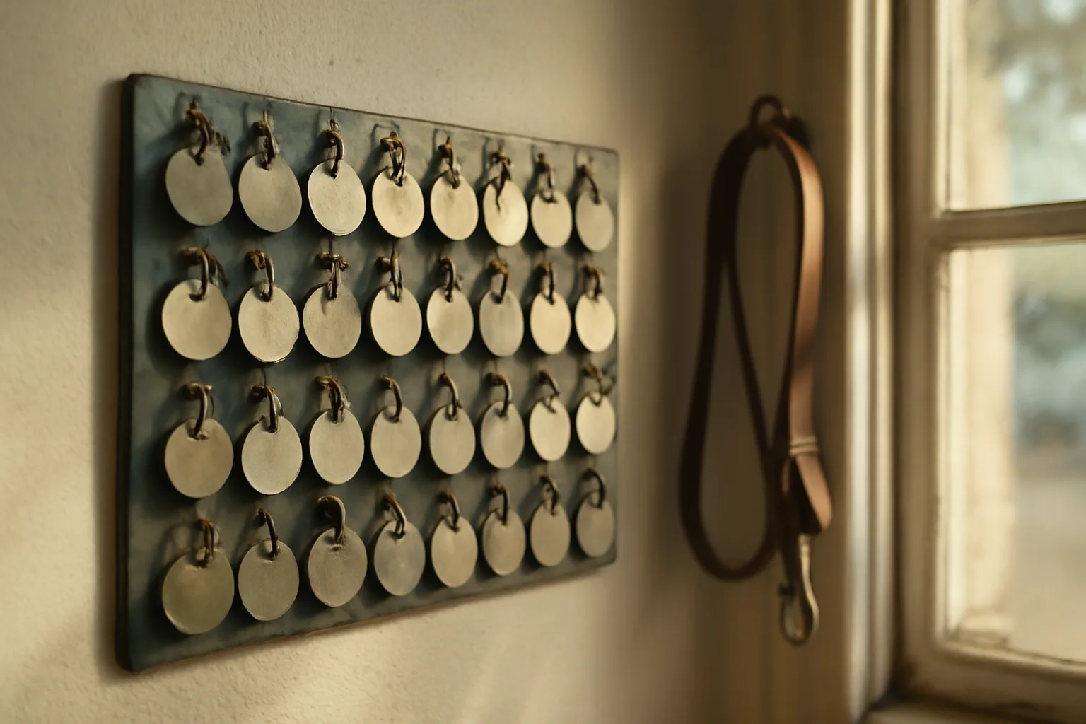 Metal dog license tags hanging on a rack in a county animal control office