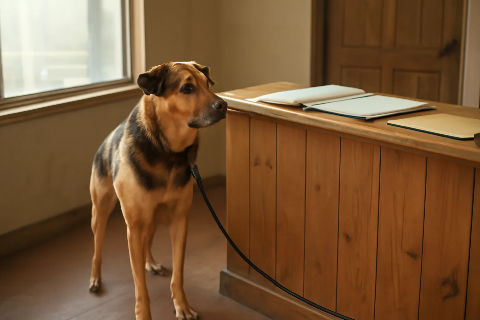 Dog standing at kennel reception counter during check-in with vaccination folder nearby