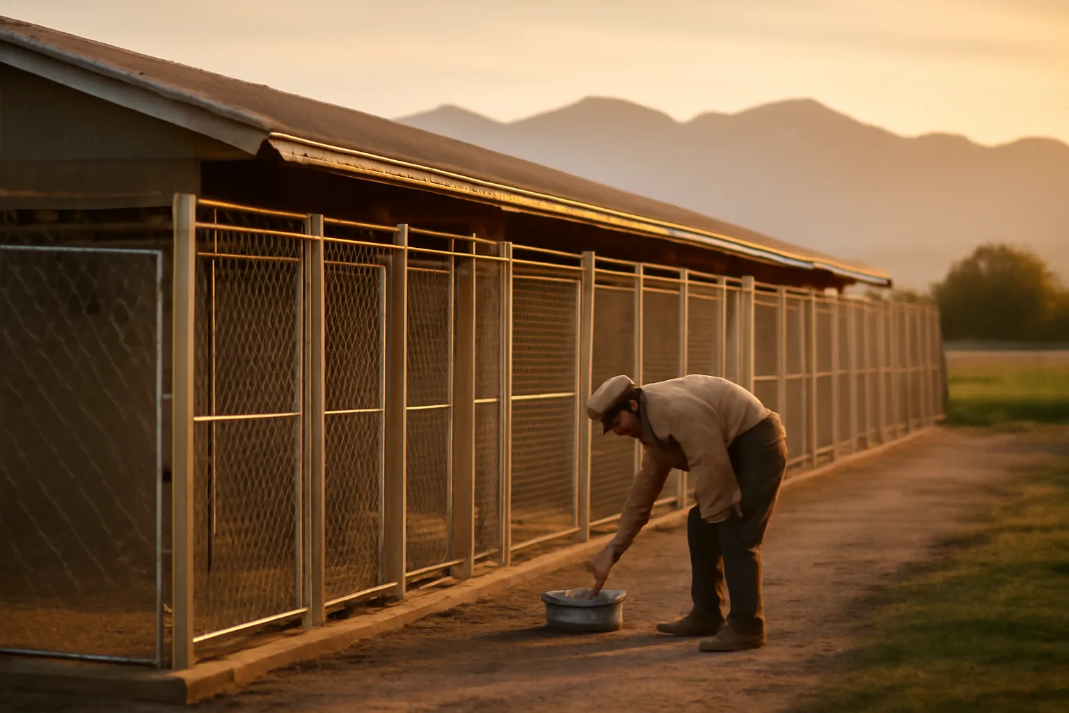 licensed dog breeding kennel with outdoor runs at golden hour