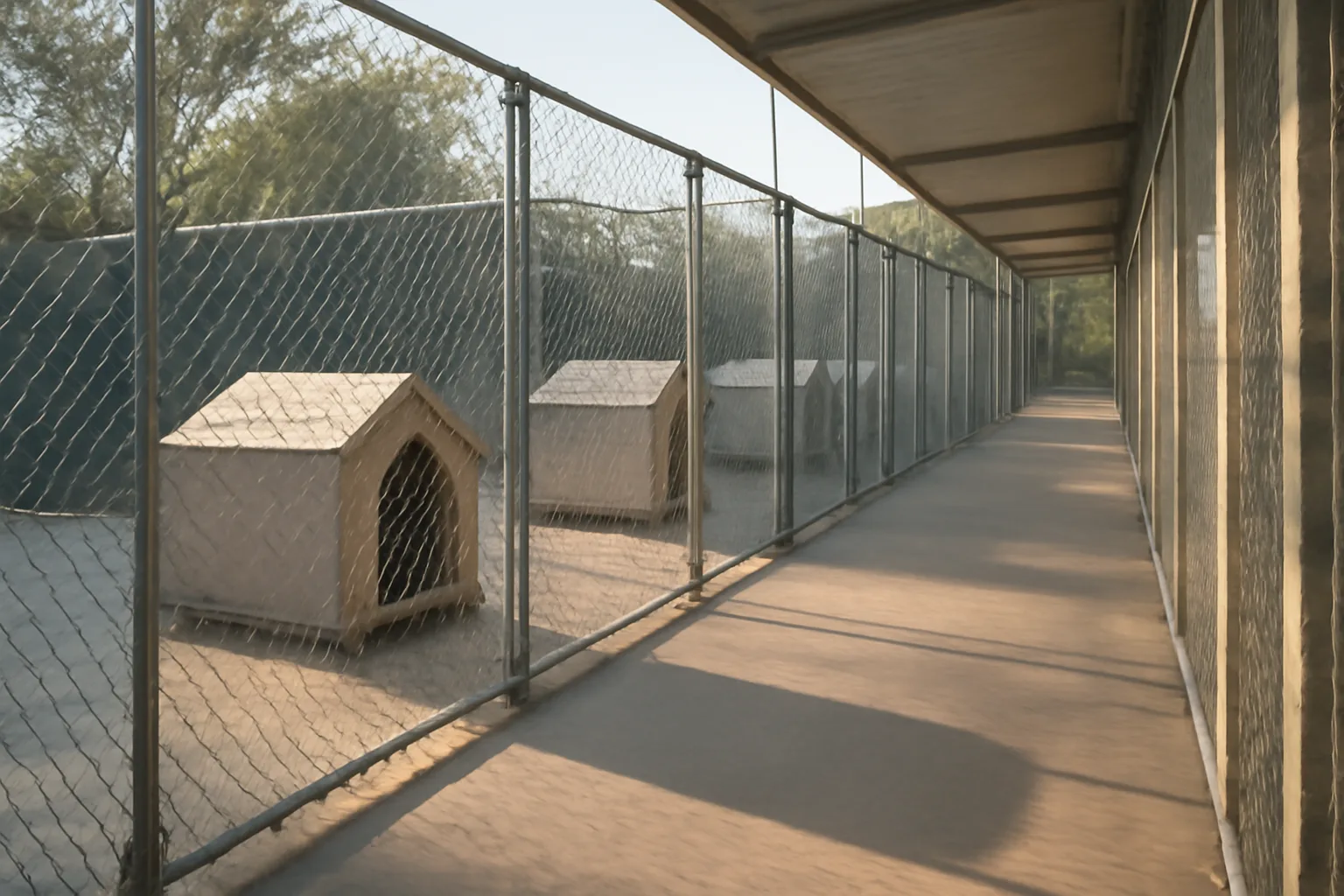 Rows of outdoor dog kennel runs with fencing and concrete flooring in morning light