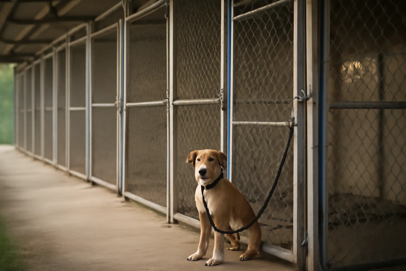 Row of outdoor kennel runs at a licensed dog boarding facility in morning light