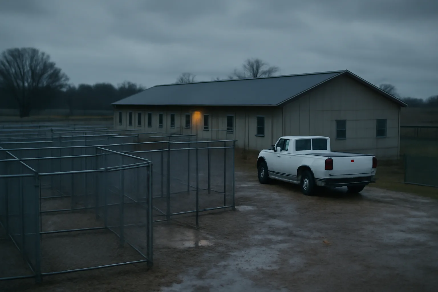 Empty outdoor dog kennel runs at a rural breeding facility at dusk