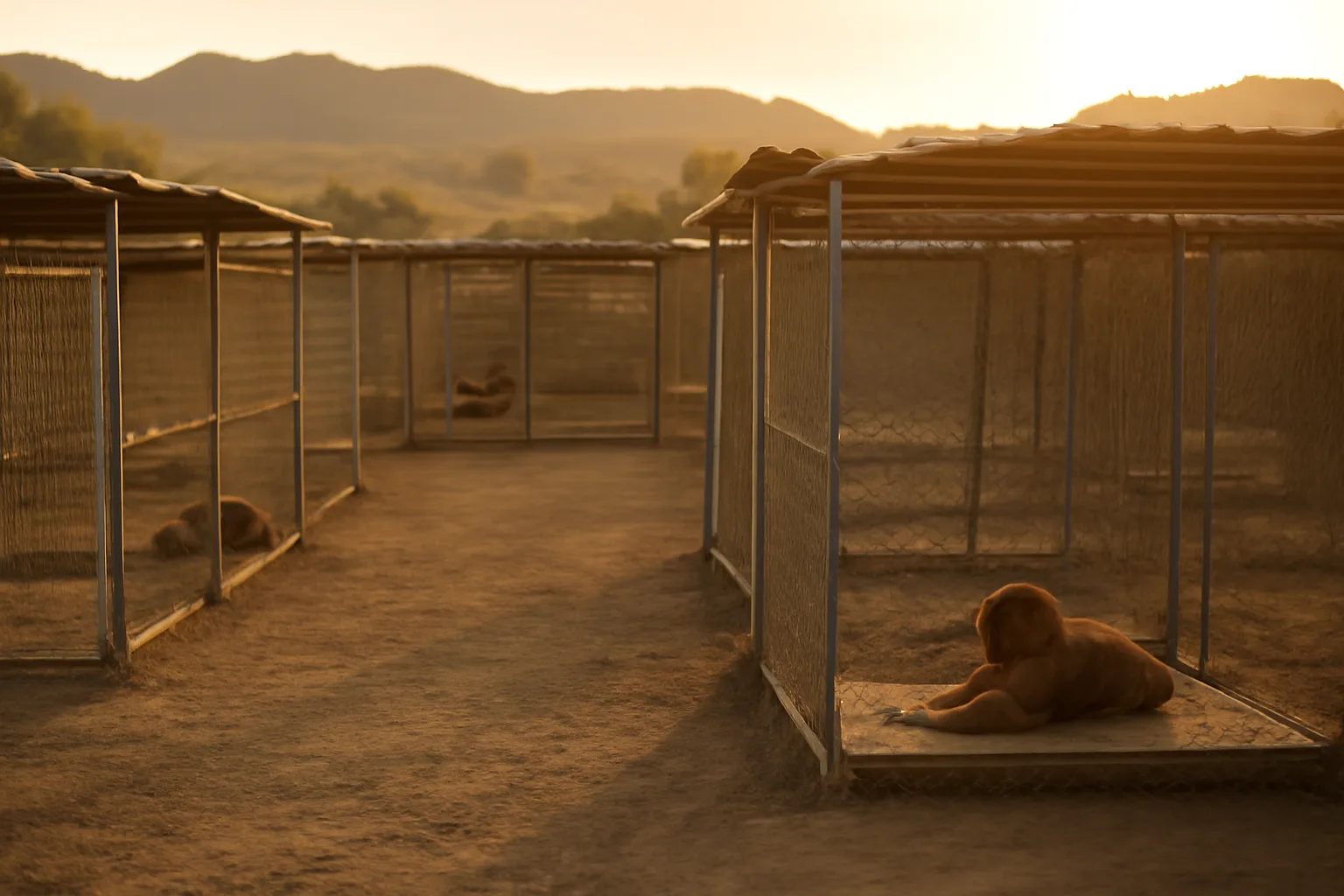 Outdoor dog kennel runs on a rural property near Riverside County at sunset