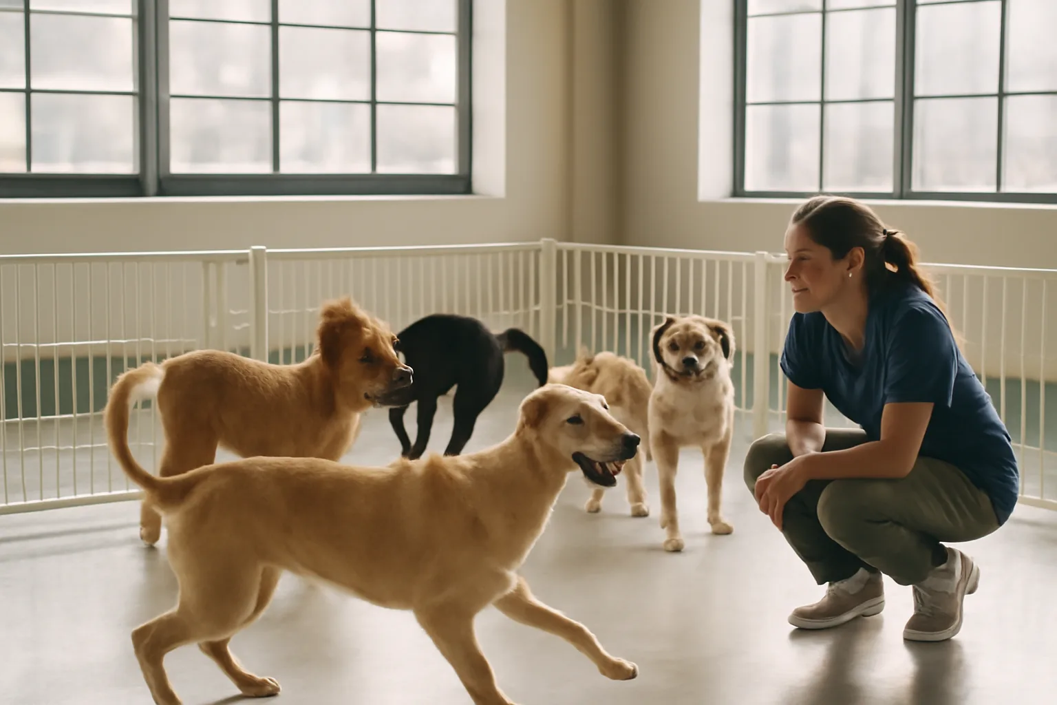 staff member supervising dogs playing inside a clean licensed dog daycare facility